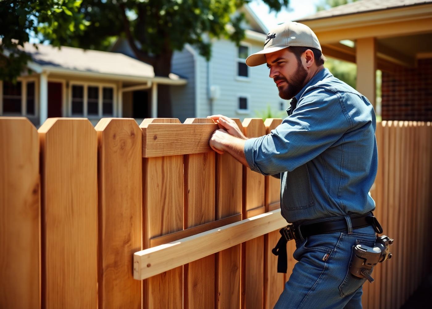 Skilled craftsman installing a wood fence