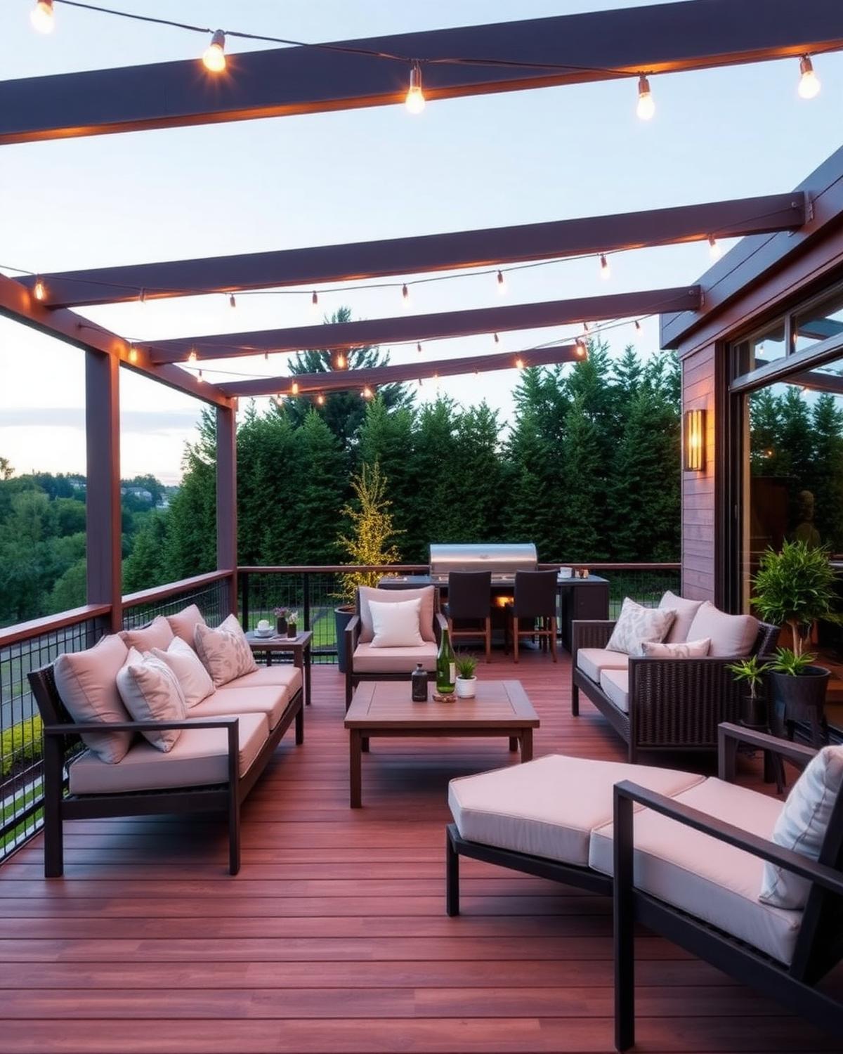 Modern deck with pergola and outdoor furniture at dusk